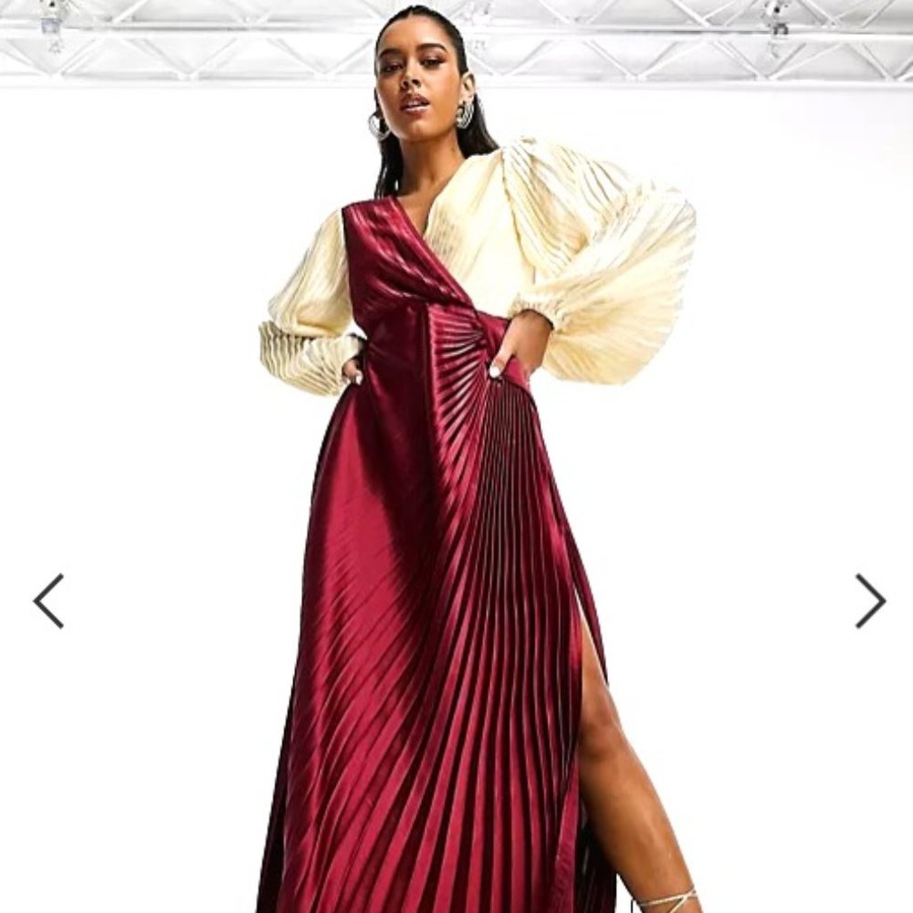 ASOS DESIGN pleated satin wrap button detail midi dress in berry and cream